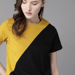 Roadster Women Mustard & Black Aloe Vera & Anti Viral Finish Colourblocked T-shirt-picture-0