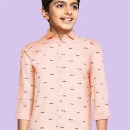 M&H Juniors Boys Peach Orange Conversational Opaque Printed Pure Cotton Casual Shirt-image-12