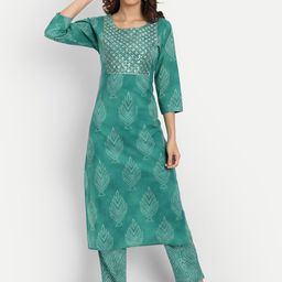 Haute and Humble Women Turquoise Blue Printed Pure Cotton Kurta with Trousers-image-26