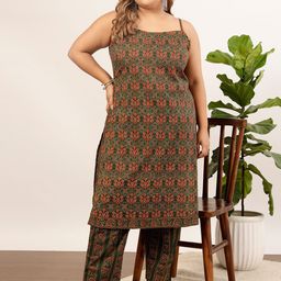 indo street Plus Size Ethnic Motifs Printed Shoulder Strap Pure Cotton Kurta with Trousers-20
