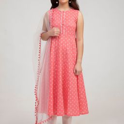 Bitiya by Bhama Girls Pink Ethnic Motifs Printed Pure Cotton Kurta with Trousers & With Dupatta-picture-16
