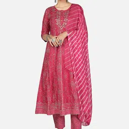 KALINI Women Pink Ethnic Motifs Printed Thread Work Pure Cotton Kurti with Trousers & With Dupatta-picture-24