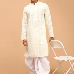 VASTRAMAY Men Yellow Ethnic Motifs Embroidered Chikankari Pure Cotton Kurta with Patiala-picture-10