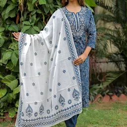 KALINI Bandhani Embroidered Pure Cotton Straight Kurta With Trousers & Dupatta-picture-55