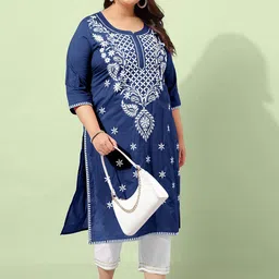 KALINI Plus Size Embroidered Regular Chikankari Pure Cotton Stright Kurta With Trousers-picture-14