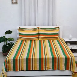 Ariana Yellow & Green 3 Striped 240 TC Pure Cotton Double Queen Bed Covers-image-43