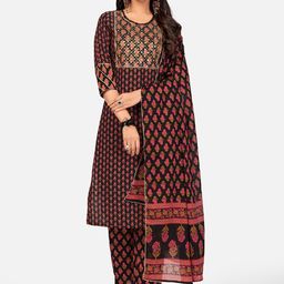 Vbuyz Women Black Floral Printed Sequinned Pure Cotton Kurta with Trousers & With Dupatta-picture-14