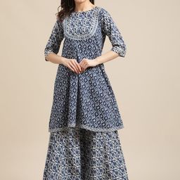 Varanga Blue & White Floral Printed Flared Kurta Sharara Set-image-21