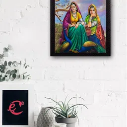 eCraftIndia Green & Yellow Sitting Lady Design Satin Matt Texture UV Wall Art-image-87