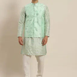 SOJANYA Men Sea Green Ethnic Motifs Embroidered Kurta with Churidar & Nehru Jacket-picture-52