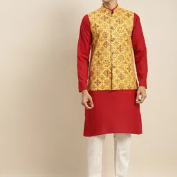 SOJANYA Men Red Pure Cotton Kurta with Churidar & Nehru Jacket-picture-13