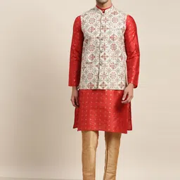 SOJANYA Men Maroon Kurta with Churidar & Nehru Jacket-picture-11