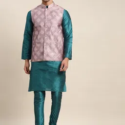 SOJANYA Men Teal Kurta with Churidar & Nehru Jacket-picture-3