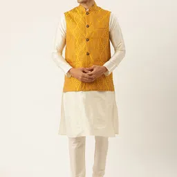 SOJANYA Men Mustard Yellow & Off White Motifs Jacquard Kurta & Churidar with Nehru Jacket-picture-32