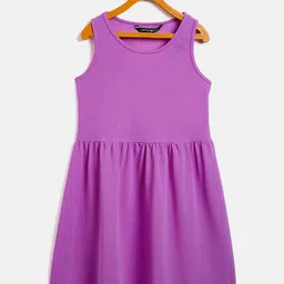 Uptownie Lite Girls Purple solid Round neck A-line Crepe Dress-image-40