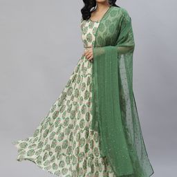 Laado - Pamper Yourself Cream-Coloured & Green Floral Ethnic Maxi Dress with Dupatta-15