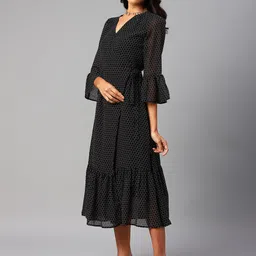 Cottinfab Black & White Polka Dots Crepe Midi Dress-image-2