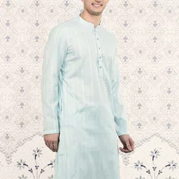 Ode by House of Pataudi Blue Striped Woven design Jacquard Straight Kurta-44