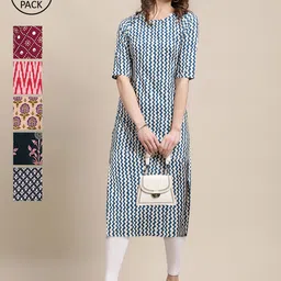 7Threads Women Multicoloured Pack Of 6 Ethnic Motifs Printed Crepe Kurta-image-7