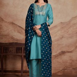 KALINI Ethnic Motifs Yoke Design Chanderi Silk Straight Kurta With Palazzos & Dupatta-image-57