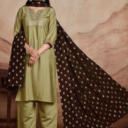 KALINI Ethnic Motifs Yoke Design Chanderi Silk Straight Kurta With Palazzos & Dupatta-image-36
