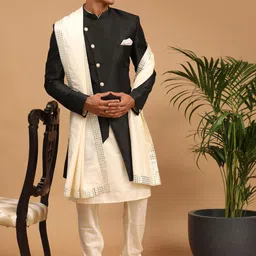 VASTRAMAY Men Cream-Coloured & Black Mirror Work Pure Silk Kurta with Churidar & With Dupatta and jacket-17