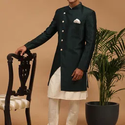 VASTRAMAY Men Green Solid Kurta Pyjama Sherwani Set-image-76