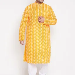 VASTRAMAY Men Orange Paisley Printed Chikankari Pure Cotton Kurta with Pyjamas-48