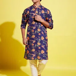 VASTRAMAY Boys Navy Blue Floral Printed Gotta Patti Kurta with Pyjamas-image-5