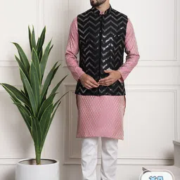 SOJANYA Woven Design Sequinned Regular Kurta With Churidar & Nehru Jacket image 1