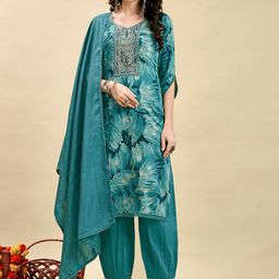 Anouk Teal Floral Embroidered Regular Mirror Work Kurta With Harem Pants & Dupatta image 1
