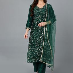 KALINI Floral Embroidered Regular Sequinned Kurta with Trousers & Dupatta image 5