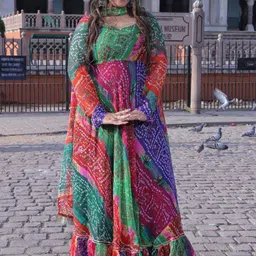 Swadeshi Shringaar Bandhani Printed Anarkali Kurta with Trousers & Dupatta image 1