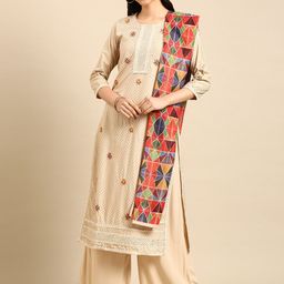 SHOWOFF Geometric Printed Thread Work Kurta With Palazzos & Dupatta image 1