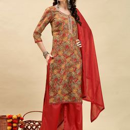 Anouk Rust & Red Floral Printed Beads & Stones Kurta with Palazzos & Dupatta image 1