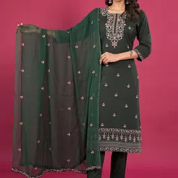 Anouk Embroidered Regular Thread Work Liva Kurta With Trousers & Dupatta image 3