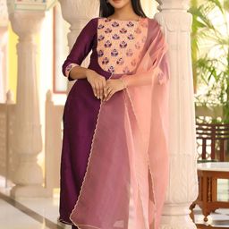 GILLORI Ethnic Motifs Yoke Design Sequinned Chanderi Silk Kurta with Trousers & Dupatta image 1