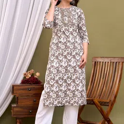 A&K Floral Printed Regular Thread Work Kurta With Trousers image 1