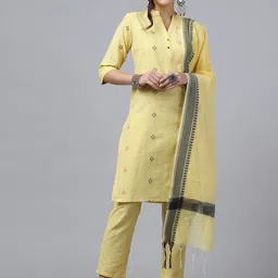 KALINI Geometric Woven Design Mandarin Collar Regular Kurta With Trousers & Dupatta image 1