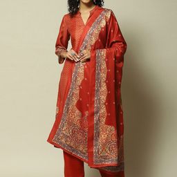 Rangriti Floral Printed Band Collar Regular Straight Kurta with Palazzos & Dupatta image 1