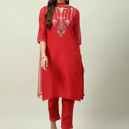 Biba Plus Size Embroidered Kurta with Trousers & Dupatta image 1