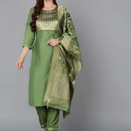 AHIKA Floral Yoke Design Kurta with Trousers & Dupatta image 1