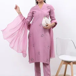 Vishudh Mauve Floral Embroidered Regular Kurta With Trousers & Dupatta image 1