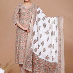 MIRAVAN Floral Printed Pure Cotton Regular Kurta with Palazzos & With Dupatta image 1