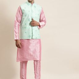 SOJANYA Mandarin Collar Regular Kurta With Pyjamas & Nehru Jacket image 1