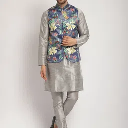 Kaifoo Mandarin Collar Kurta with Churidar & Printed Nehru Jacket image 1