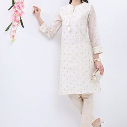 Vishudh Polka Dots Printed Tie-Up Neck Regular Kurta With Trousers image 1