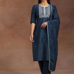 Libas Floral Yoke Design Regular Thread Work Kurta With Trousers & Dupatta image 1