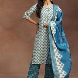 Libas Floral Printed Round Neck Regular Kurta With Trousers & Dupatta image 1