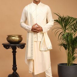 VASTRAMAY Band Collar Kurta with Churidar & Dupatta & Nehru jacket image 1